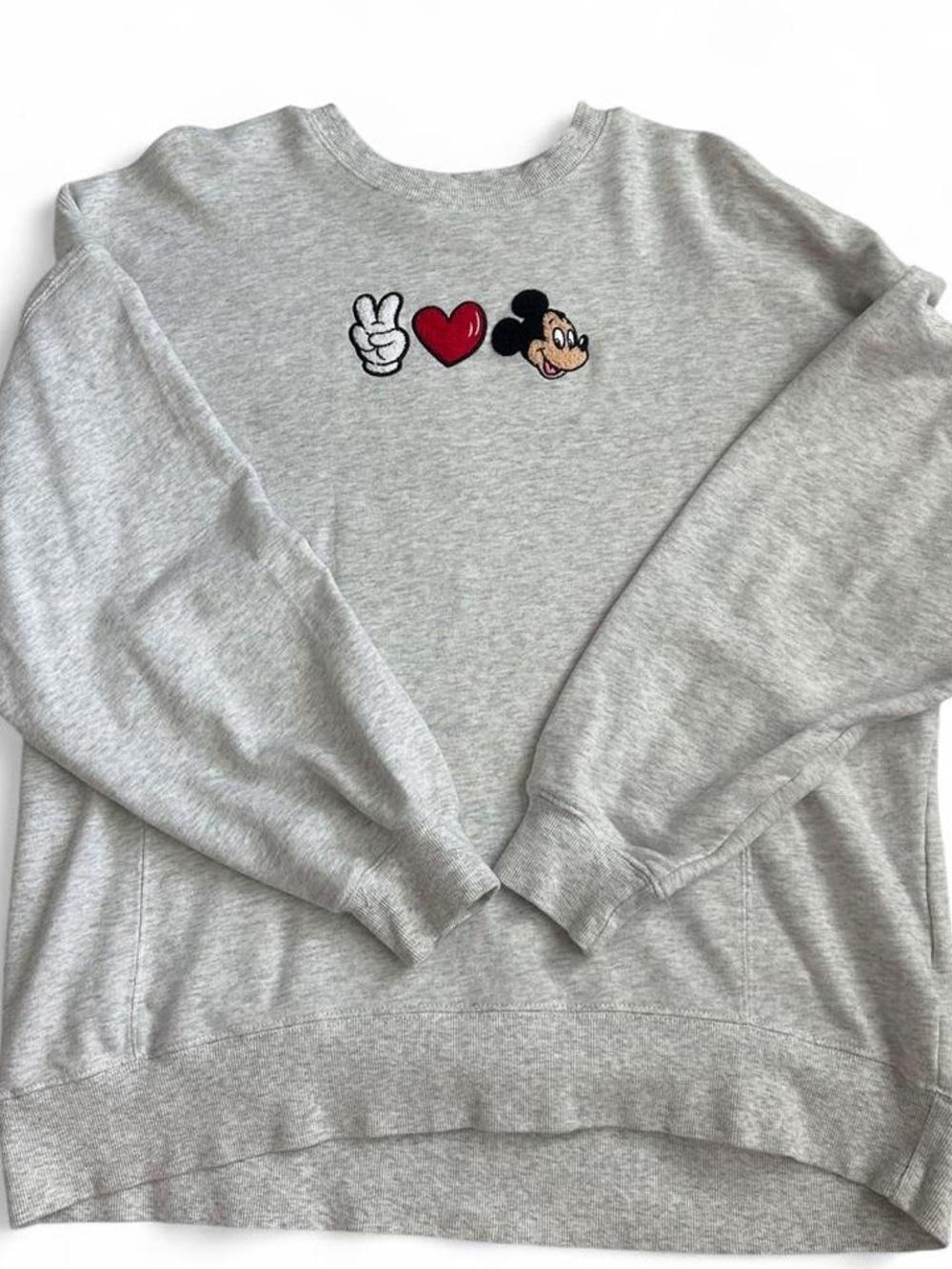 Disney Mickey Peace Love Mickey Embroidered Gray Sweatshirt – XL